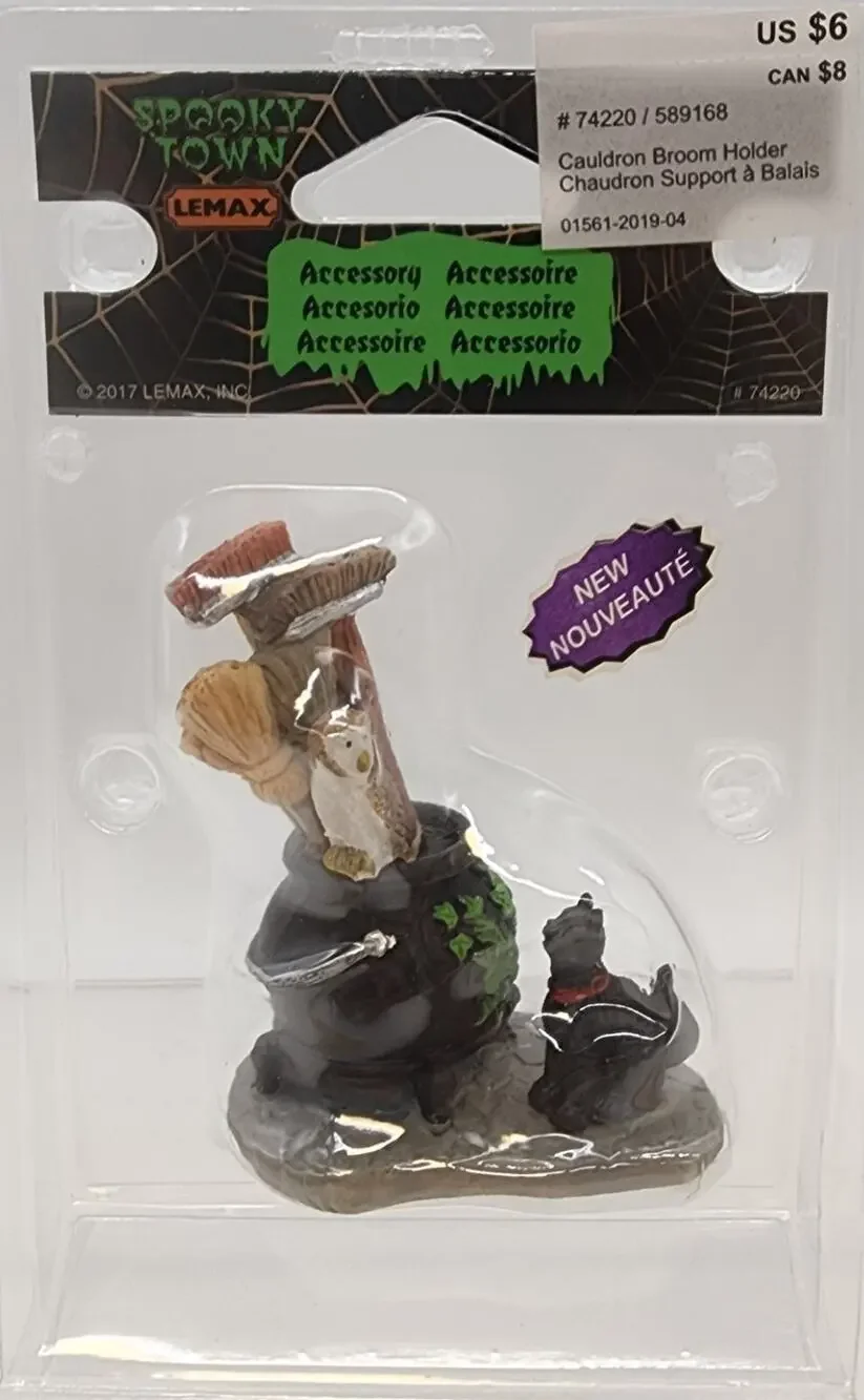 Lemax CAULDRON BROOM HOLDER # 74220 Halloween Spooky Town Retired NEW Black Cat